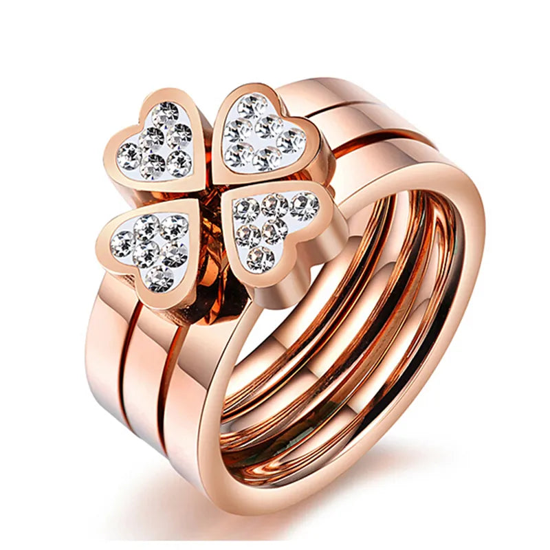 New Fashion Jewelry Unique 3in1 Heart Rings For Women Surgical Steel Nickle Free CZ Cubic Zirconia Clover rings Hot Sell