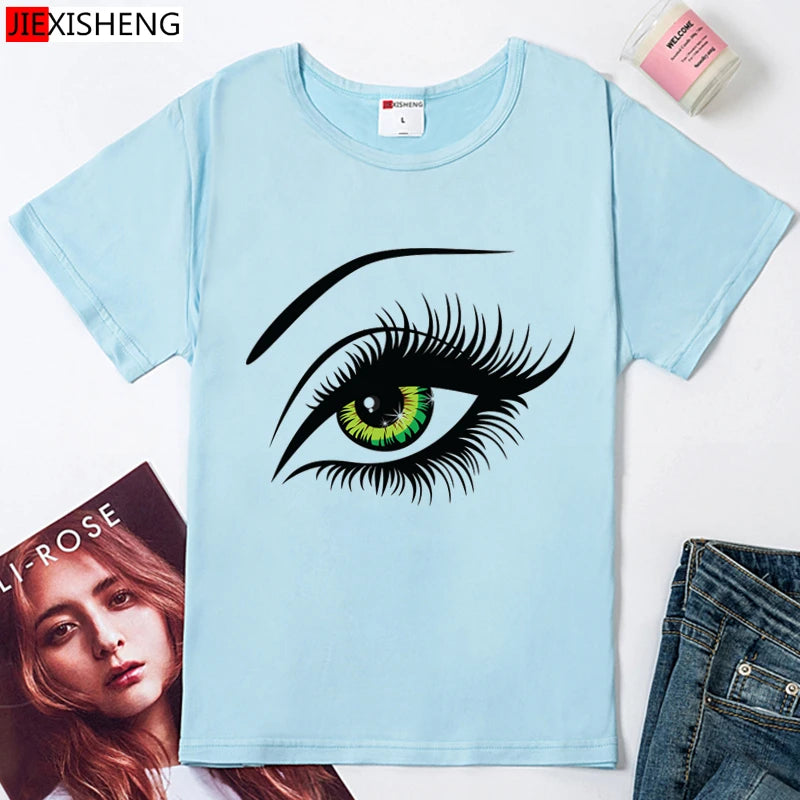 2021 Summer T shirt Women Tops Tees Short Sleeve Cotton Big Eyes Print Tshirt Funny T-shirt Woman Clothes