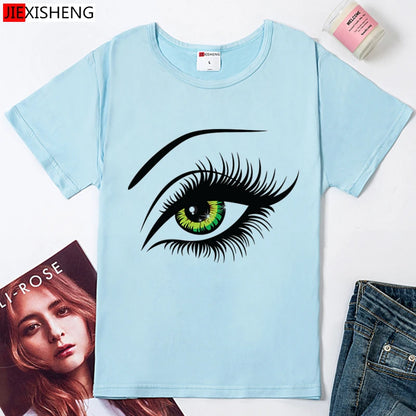 2021 Summer T shirt Women Tops Tees Short Sleeve Cotton Big Eyes Print Tshirt Funny T-shirt Woman Clothes