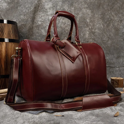 Brand Name Luxury Designer Genuine Leather Mens Travel Bag Wine Red Smooth Natural Cowskin Duffle Bag For Male 2019 Latest Style