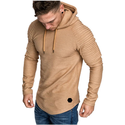 New Trendy Mens Hoodies Solid Color Hooded Slim Sweatshirt Striped pleated raglan sleeves Male Streetwear Casual sweatshirt Coat