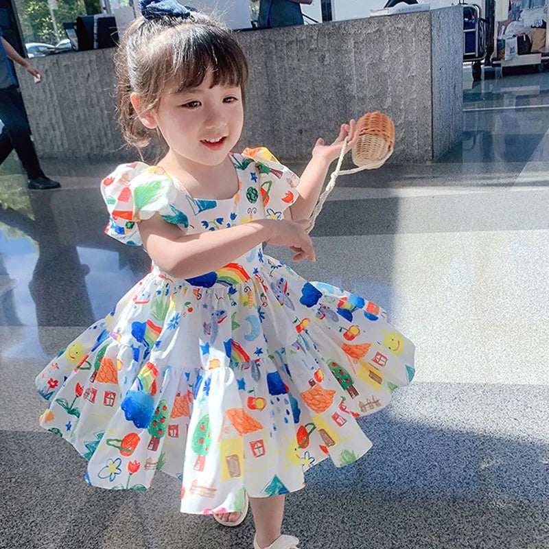 Summer Girls' Dress 2022 New Puff Sleeve Casual Cartoon Party Princess Dress Cute Children's Wear Baby Kids Girls Clothing