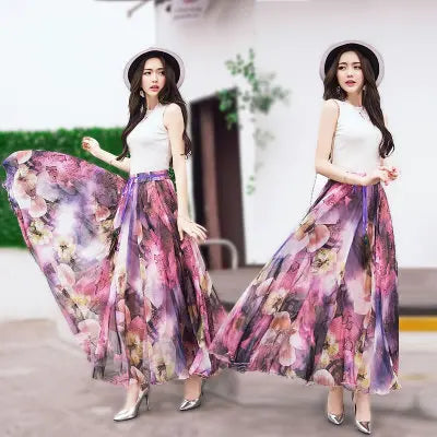 TingYiLi Long Floral Skirts Womens Holiday Beach Boho Skirt Summer Long Skirts Elegant Ladies Maxi Chiffon Skirt 8M Big Swing