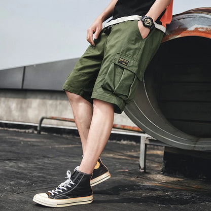 Summer Casual Cargo Shorts Men Cotton Solid Ribbons Pockets Streetwear Mens Shorts Knee Length Homme Cargo Shorts