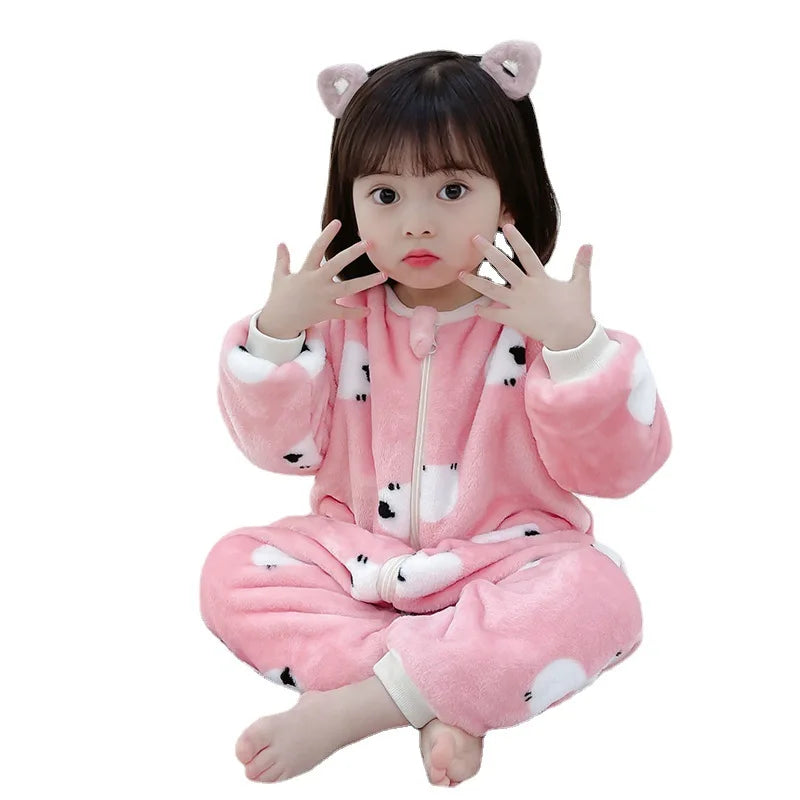 1 to 5 Years Winter Flannel Childrens Pajamas Sleeping Bags Rompers for Boys and Girls One-piece Suits for Home Wear