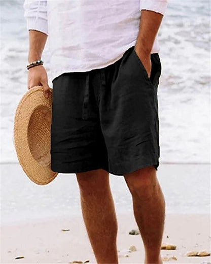 2023 Summer Cotton Linen Shorts Mens Beach Shorts Solid Color Daily Casual Drawstring Short Pant Breathable Loose Shorts For Men