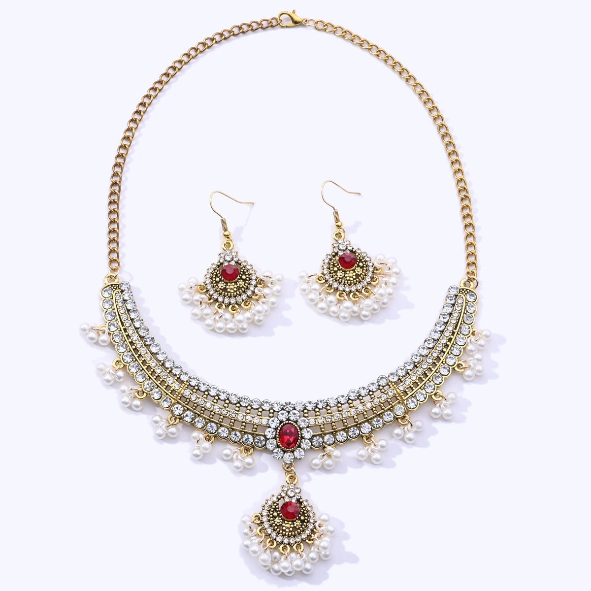 Indian Ethnic Bronze Plate Vintage Jewelry Set For Women Wedding Simulate Pearl Tassel Drop Earrings Red Crystal Choker Necklace