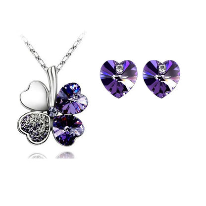 Crystal Clover 4 Leaf heart Pendant Necklace Earrings fashion jewelry set office charm lover floating quality birthday gift girl