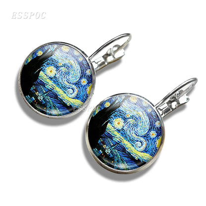 Fashion Silver Color Simple Style Earings Van Gogh Famous Artist Starry Night Stud Earrings Glass Cabochon Jewelry Women Gifts