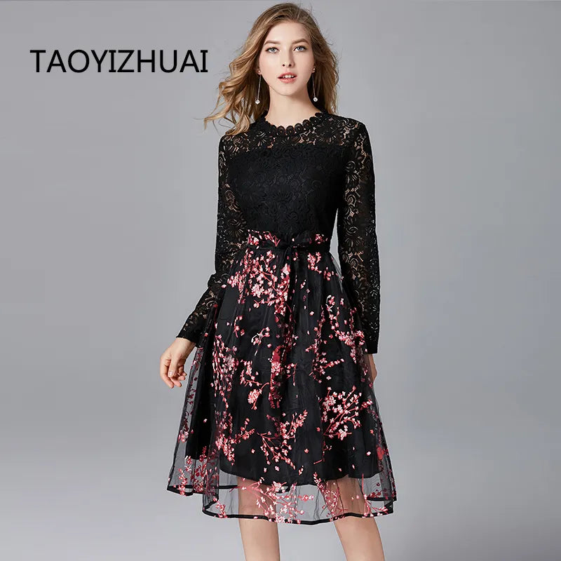 Bodycon Women Dresses Vintage Lady Dress High Street Waist Plus Size 5XL Print Organza Full Length Black Women Lace Dress 11602