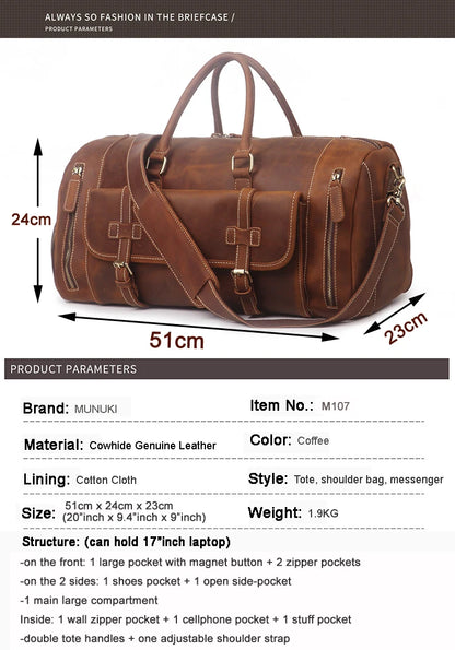 MUNUKI Vintage Crazy Horse Genuine Leather Travel bag  Large Luggage bag men Leather duffle bag Large Weekend Bag Tote Big