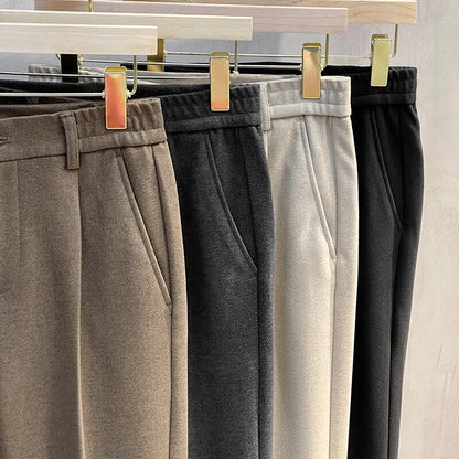 Winter Thick Suit Pants Men Casual Straight Drape Korean Classic Fashion Business Woolen Cloth Brown Black Formal Trousers Male