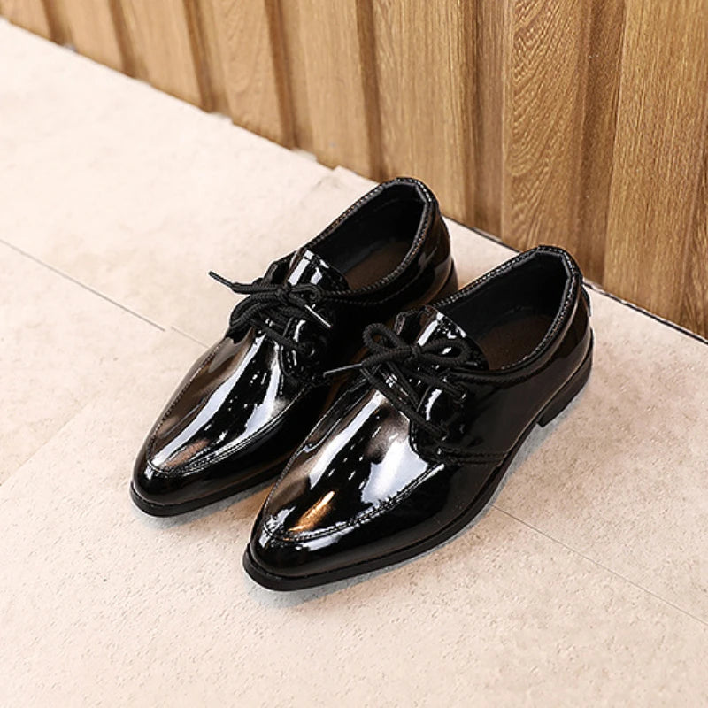 Children Patent Leather Shoes Fashion Pointed Toe Lace Up Boy Shoes Black Casual Dress Flats Comfortable Soft Sole Kids Shoes