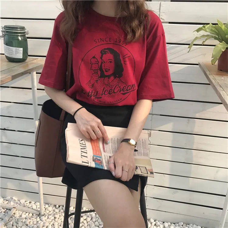 2023 Summer New Fashion Vintage Character Printed Casual Loose Short Sleeve Female T-shirts