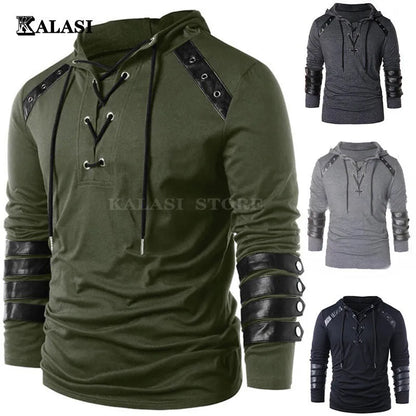 Adult Men Medieval T-shirt Gothic Steampunk Sweatshirt Lace Up Long Sleeve Pullover Hooded Tee Halloween Shirts Tops chemise