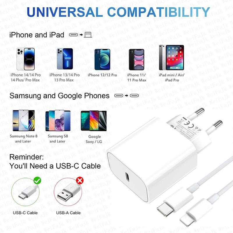 For APPLE Original PD 30W Type C Charger For iPhone 14 13 12 11 Pro Max Mini X XS XR 7 8 Plus iPad Fast Charging Lightning Cable