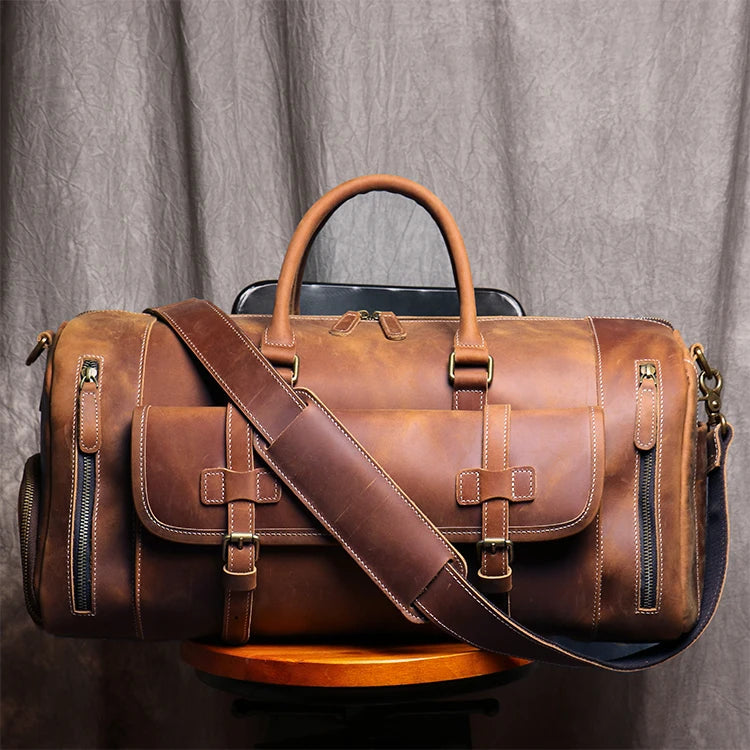 MUNUKI Vintage Crazy Horse Genuine Leather Travel bag  Large Luggage bag men Leather duffle bag Large Weekend Bag Tote Big