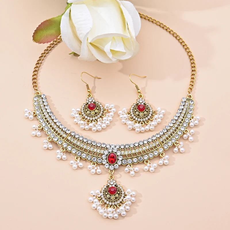 Indian Ethnic Bronze Plate Vintage Jewelry Set For Women Wedding Simulate Pearl Tassel Drop Earrings Red Crystal Choker Necklace