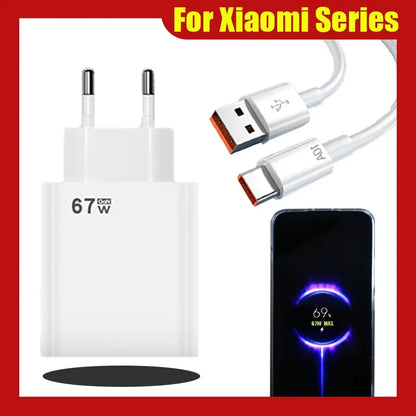 67W Fast Charging Charger For Xiaomi 13 12 11 Pro EU/US/UK USB Adapter Standard Charge Universal Mobile Phone Charging Cable Set