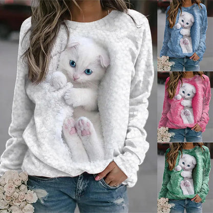 Women's Sweatshirt Pullover Basic White Cat 3D Print Street Round Neck Long Sleeve Fashion Hoodie