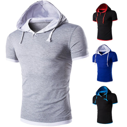 Men's Shirts Short Sleeve Men Fitness Muscle Hooded Bodybuilding Tight-drying T Shirt Tops Casual Summer Shirt For Men Clothing