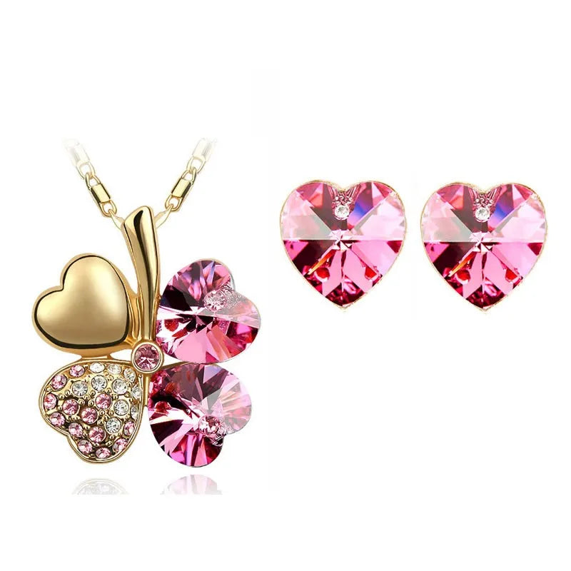 Crystal Clover 4 Leaf heart Pendant Necklace Earrings fashion jewelry set office charm lover floating quality birthday gift girl