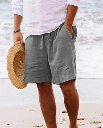 2023 Summer Cotton Linen Shorts Mens Beach Shorts Solid Color Daily Casual Drawstring Short Pant Breathable Loose Shorts For Men