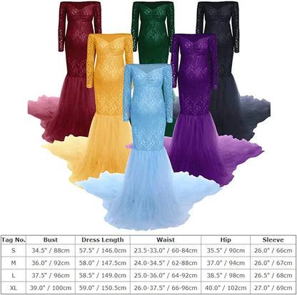 Women Long Sleeve Off Shoulder Lace Maternity Dress for Photography Baby Shower with Mermaid Tulle Gown Photoshoot Baby Shower