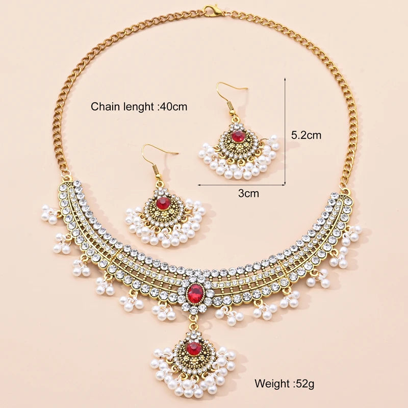 Indian Ethnic Bronze Plate Vintage Jewelry Set For Women Wedding Simulate Pearl Tassel Drop Earrings Red Crystal Choker Necklace