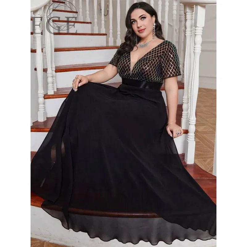 Plus Size V Neck Rhombus Sequin Luxury 4XL5XL Chiffon Dress Party Prom Black 3/4 Sleeve Over Maxi Dress for Party Wedding