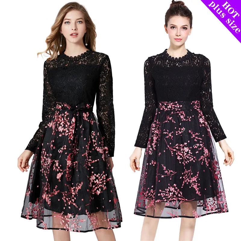 Bodycon Women Dresses Vintage Lady Dress High Street Waist Plus Size 5XL Print Organza Full Length Black Women Lace Dress 11602