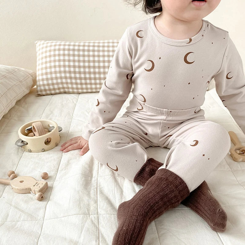 Baby Sleepwear Pajamas Set for Children Korean Girls Boy Round Neck Top and Bottom Kids Clothing Cotton Print Autumn Clothes