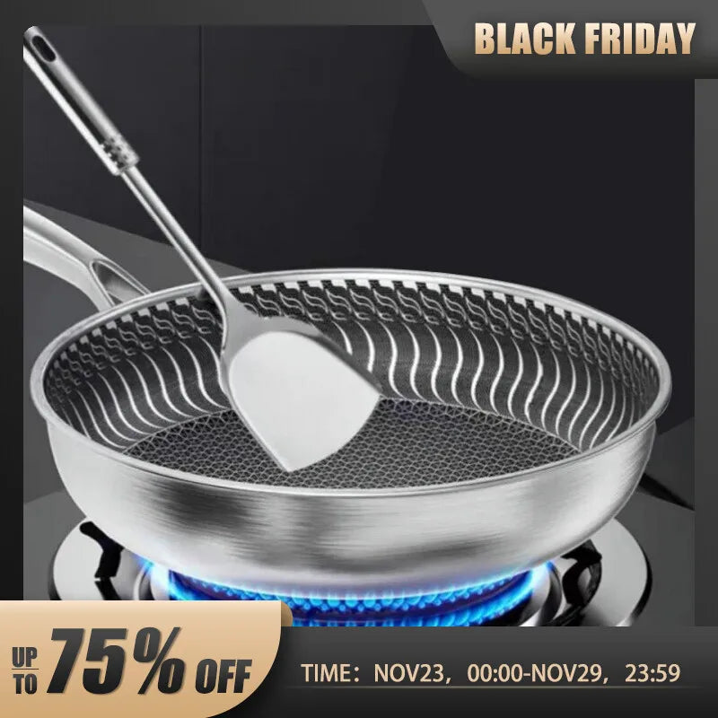 Whole Body Tri-Ply Stainless Steel Frying Pan 316 Stainless Steel Wok Pan Double-sided Honeycomb Skillet Suitable for All Stove