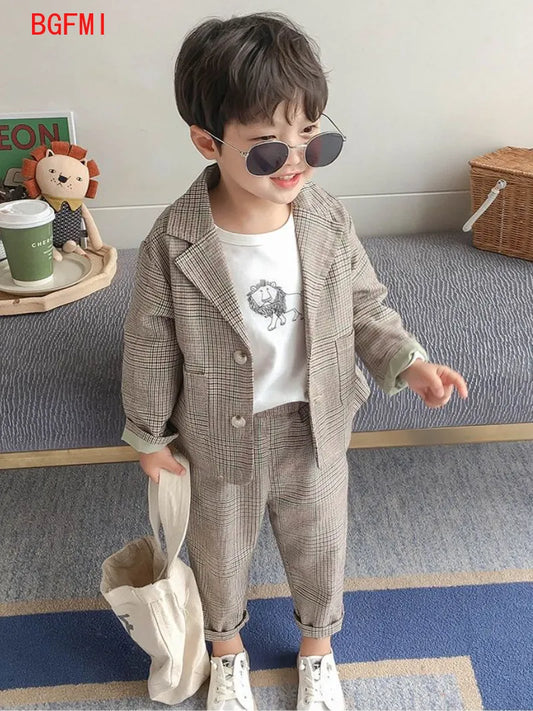 Spring Autumn children's clothing Suit Kids Clothes Boys V-Neck Tops + pants 2 piece set Plaid Formal wear 2-10Y Thin Outerwear