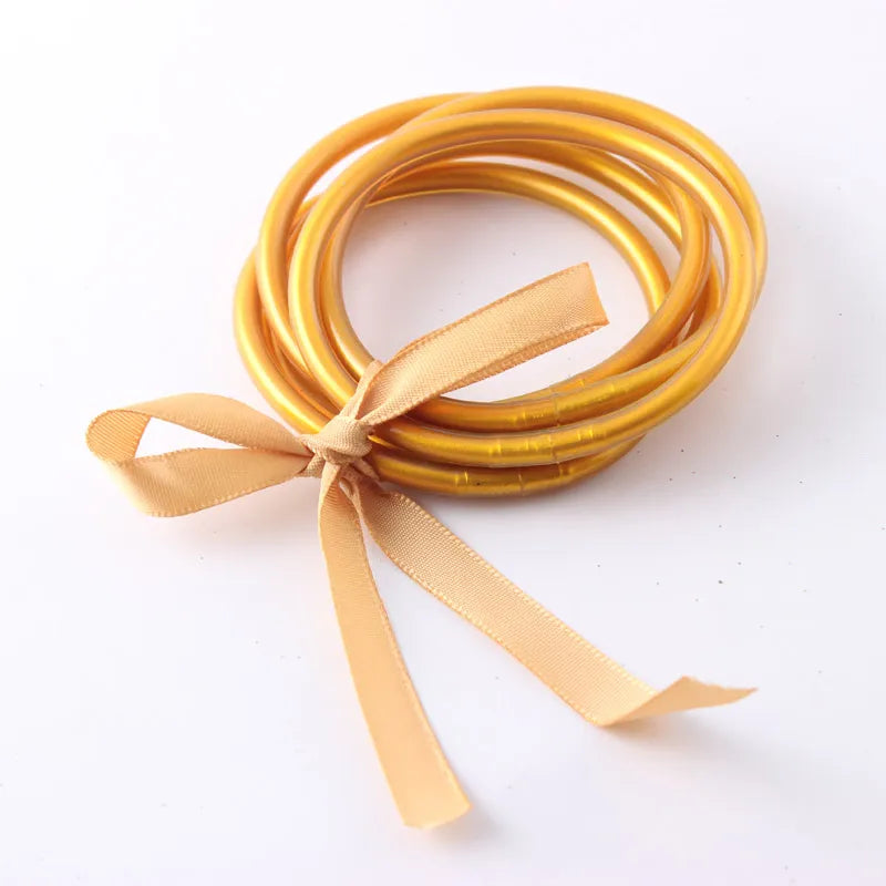 Light Gold Color Buddhist Rush Bracelets Tibetan Buddha Temple Bangles Lucky Symbol Silicone Bracelet for Women Girls 5pcs/lot