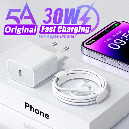 For APPLE Original PD 30W Type C Charger For iPhone 14 13 12 11 Pro Max Mini X XS XR 7 8 Plus iPad Fast Charging Lightning Cable