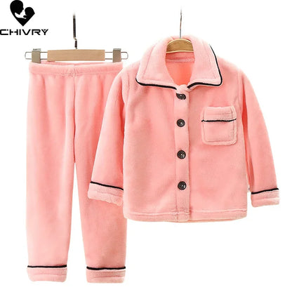 Kids Flannel Pajama Sets Boys Girls Autumn Winter Thicken Warm Solid Home Wear Children Lapel Long Sleeve Sleeping Clothing Sets