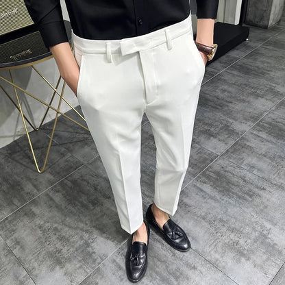 2022 Summer Fashion Mens Dark Green Suit Pants Pure Color Business Occupation Slim Fit Dress Office Ankle Trousers