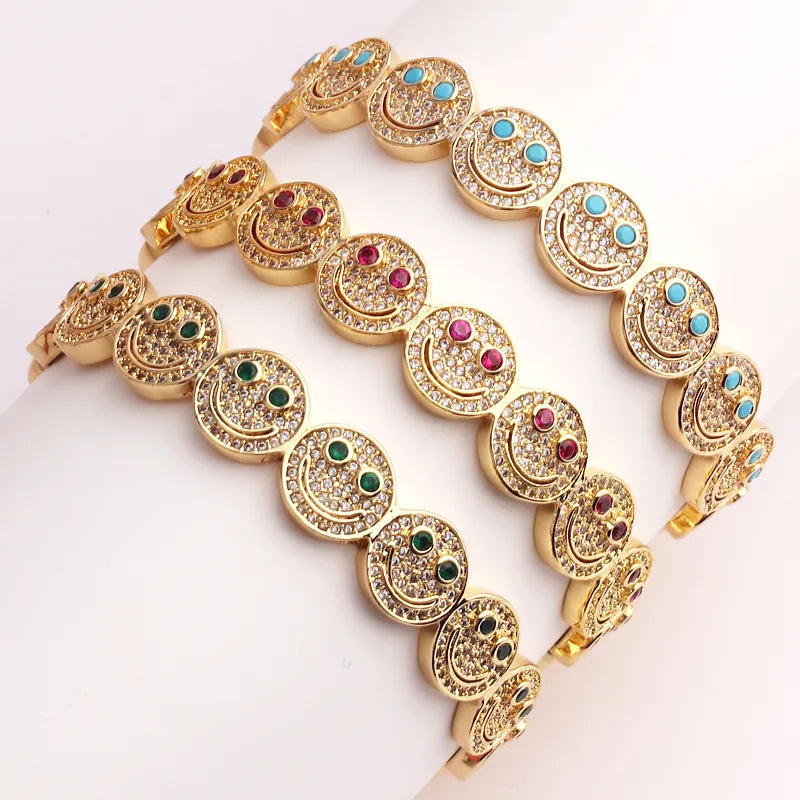 2023 New Simple Smile Smiley Bracelet Copper Gold Plated Cubic Zirconia Round Smile Cuff Bracelet Women's Classic Party Gift