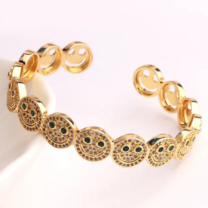 2023 New Simple Smile Smiley Bracelet Copper Gold Plated Cubic Zirconia Round Smile Cuff Bracelet Women's Classic Party Gift