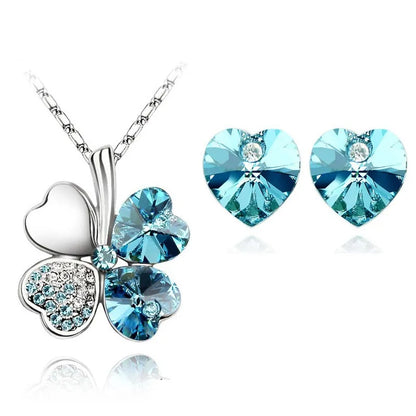 Crystal Clover 4 Leaf heart Pendant Necklace Earrings fashion jewelry set office charm lover floating quality birthday gift girl