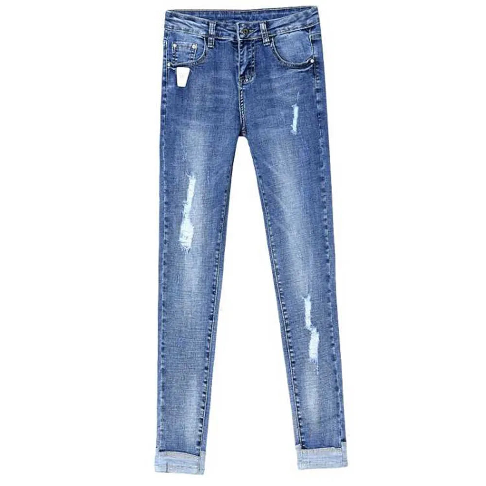 Streetwear Skinny Ripped Hole Jeans For Women 2022 High Waist Vintage Blue Pencil Denim Pants Korean Capris Slim Cowboy Trousers