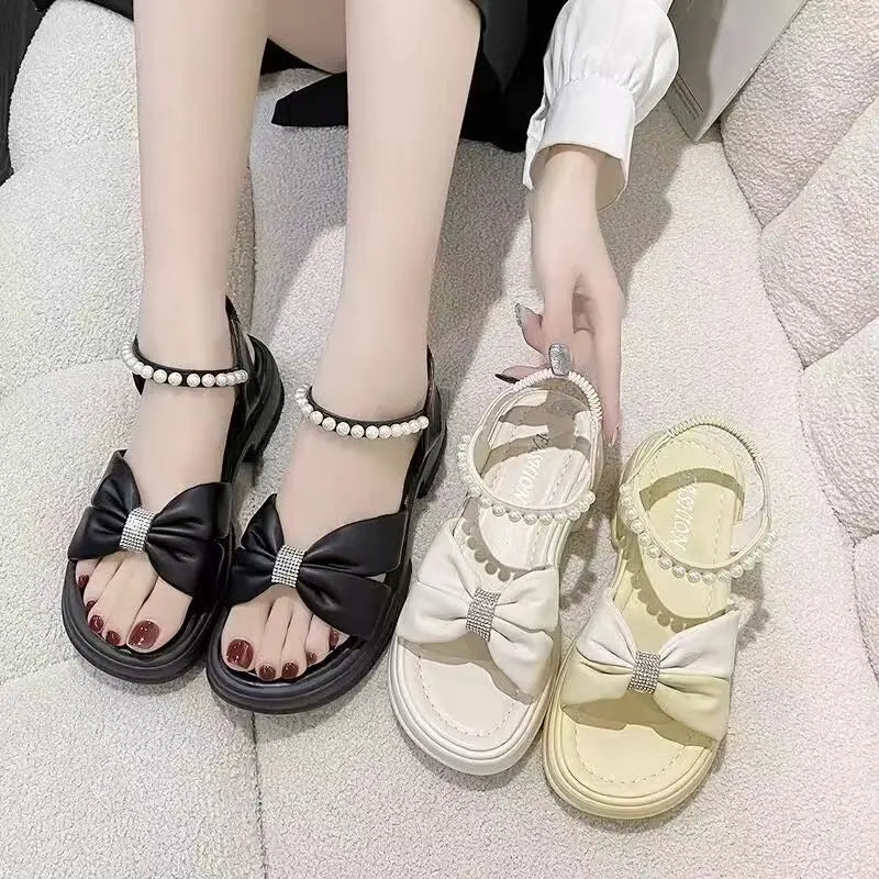 Bowtie Crystal Thick Platform Sandals Women's Fashion Pearl Strap Med Heel Sandles Woman Summer Back Elastic Band Open Toe Shoes