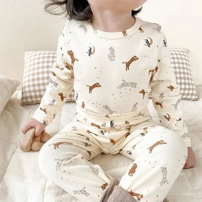 Baby Sleepwear Pajamas Set for Children Korean Girls Boy Round Neck Top and Bottom Kids Clothing Cotton Print Autumn Clothes