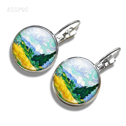 Fashion Silver Color Simple Style Earings Van Gogh Famous Artist Starry Night Stud Earrings Glass Cabochon Jewelry Women Gifts