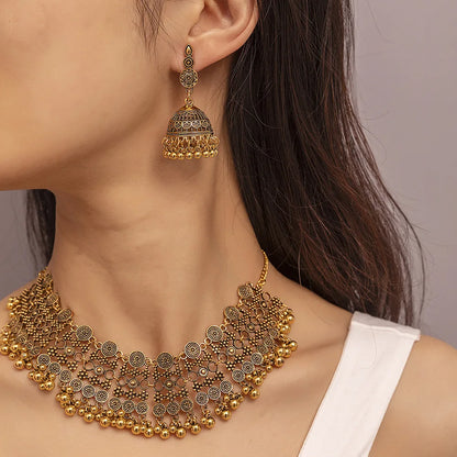 Ethnic Gold Color Hollow Geometric Necklace Earrings Set Vintage Wedding Bijoux Indian African Jewelry Sets for Women