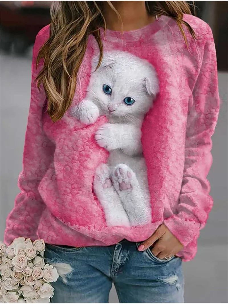 Women's Sweatshirt Pullover Basic White Cat 3D Print Street Round Neck Long Sleeve Fashion Hoodie