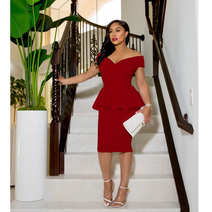 Ruffles Off-Shoulder Bodycon Dress Women Sexy Office Slim Knee-length Dress Ladies Elegant Party Midi Dress Female Work Wear