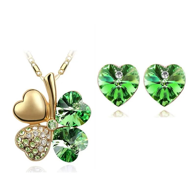 Crystal Clover 4 Leaf heart Pendant Necklace Earrings fashion jewelry set office charm lover floating quality birthday gift girl