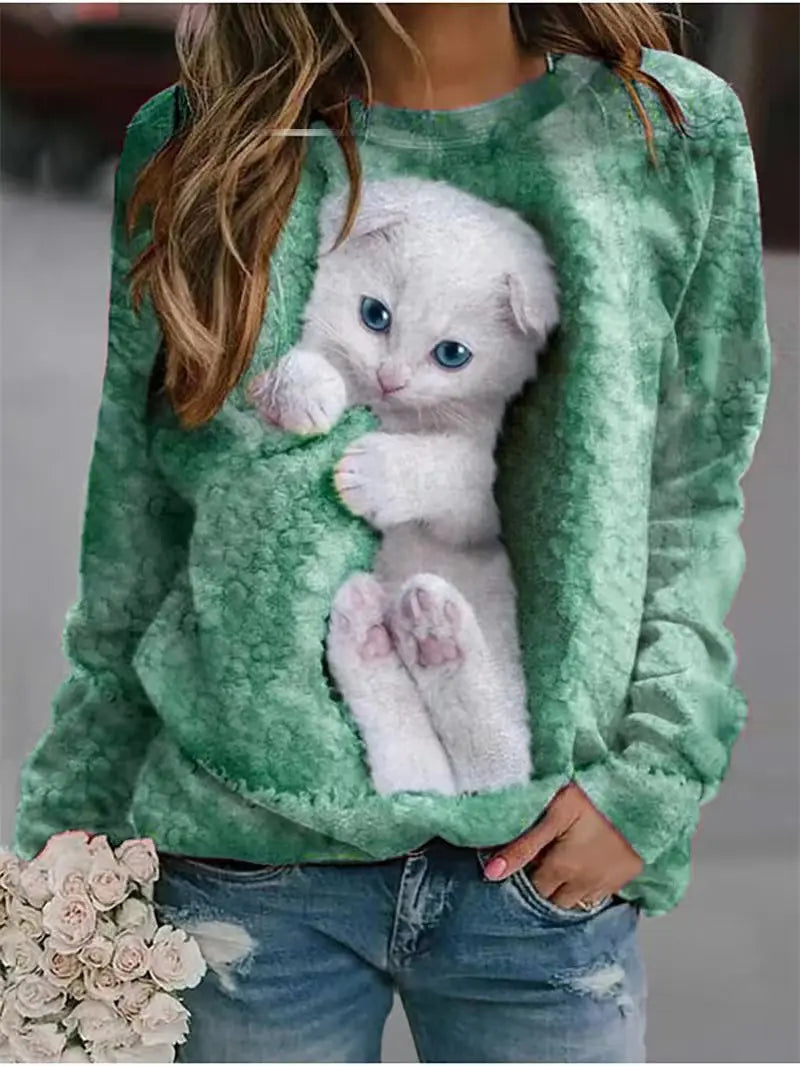Women's Sweatshirt Pullover Basic White Cat 3D Print Street Round Neck Long Sleeve Fashion Hoodie